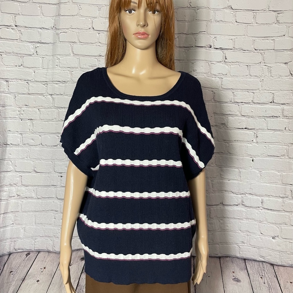 NWT New $78 T Tahari Knit Navy White Pink Stripes Viscose Short Sleeve Top XL